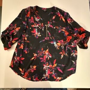 Torrid Black Floral Blouse with Zipper Detail